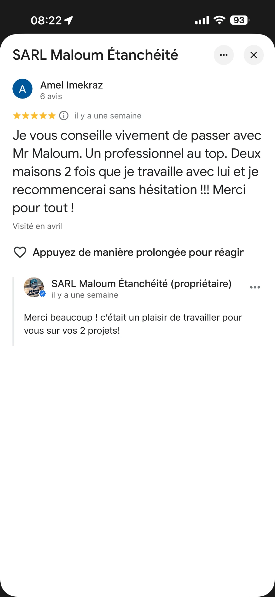 Capture d'écran de l'avis Google de Amel Imekraz