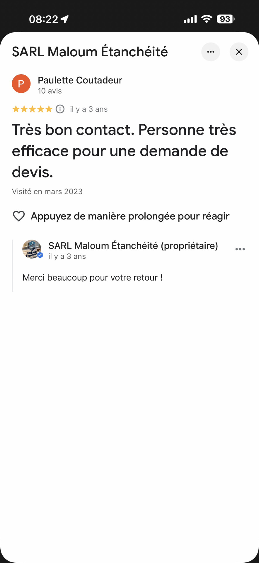 Capture d'écran de l'avis Google de Paulette Coutadeur