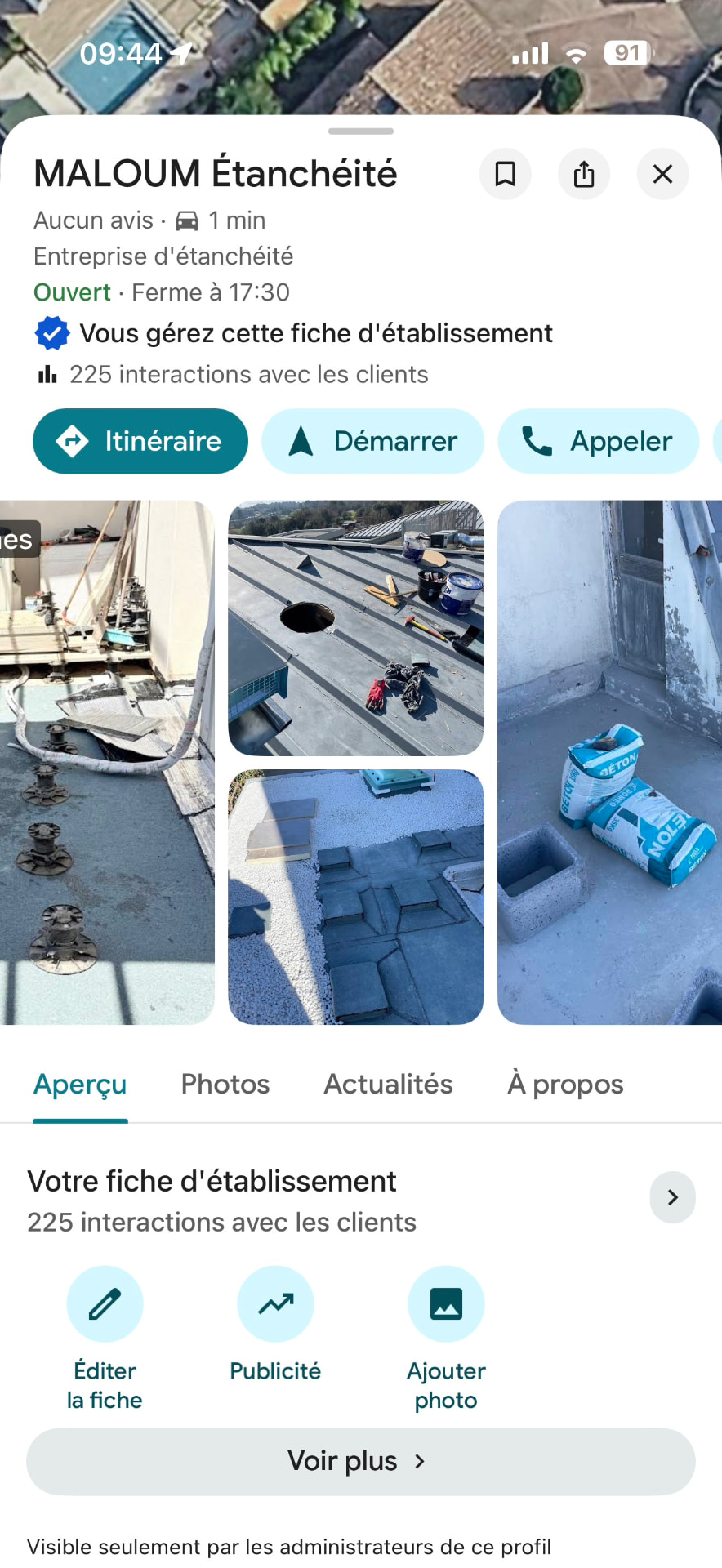 Tableau de bord Google de la fiche MALOUM Étanchéité : avis et interactions vérifiés